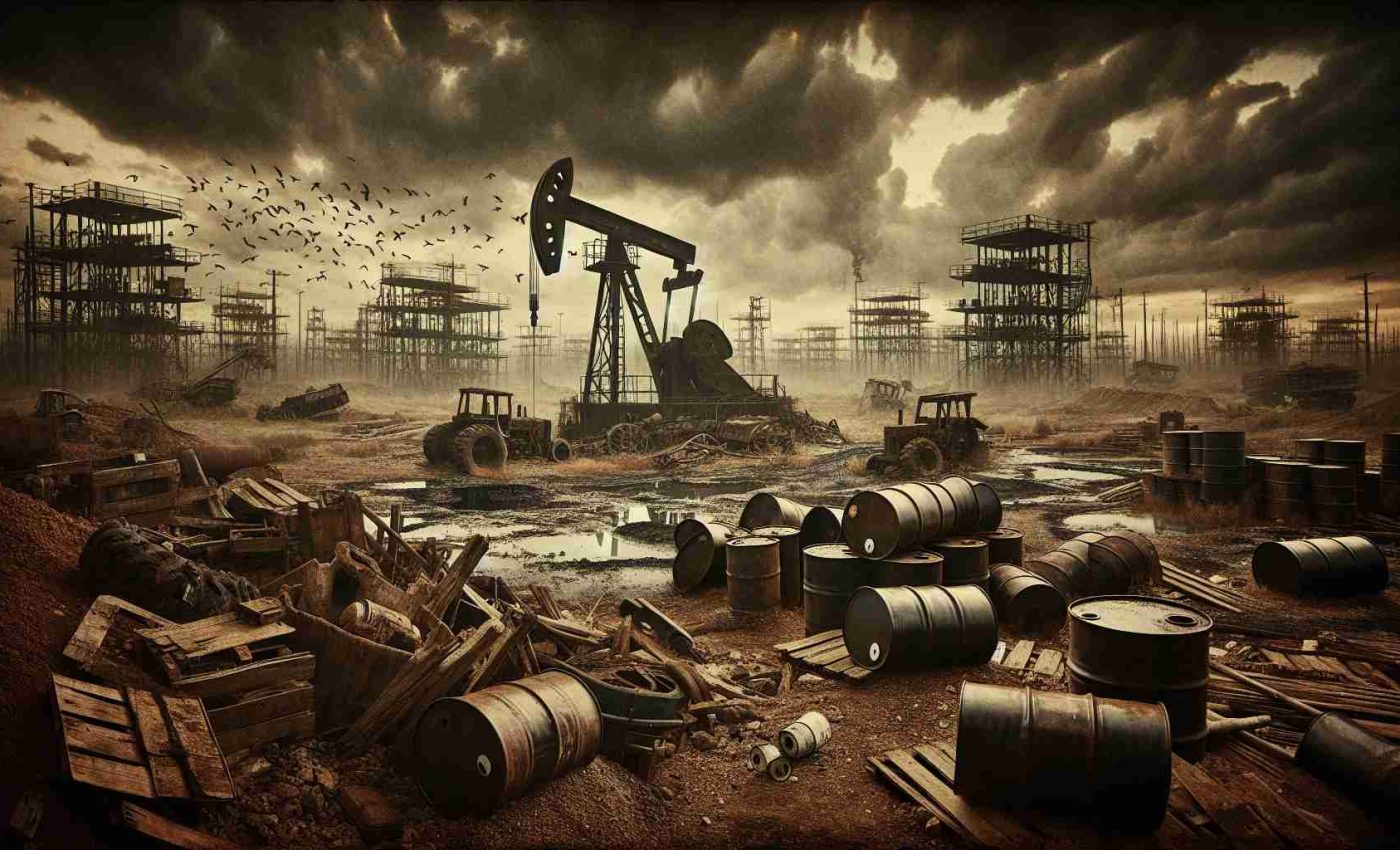 Create an image showcasing the decline of a once-thriving unnamed South American country's oil industry in sharp, high-definition realism. Depict desolate oil fields with worn-out machinery, abandoned oil barrels stacked haphazardly, and a gloomy atmosphere resonating the struggle of the local economy.