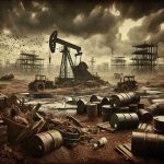 Create an image showcasing the decline of a once-thriving unnamed South American country's oil industry in sharp, high-definition realism. Depict desolate oil fields with worn-out machinery, abandoned oil barrels stacked haphazardly, and a gloomy atmosphere resonating the struggle of the local economy.