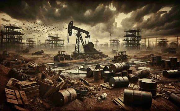 Create an image showcasing the decline of a once-thriving unnamed South American country's oil industry in sharp, high-definition realism. Depict desolate oil fields with worn-out machinery, abandoned oil barrels stacked haphazardly, and a gloomy atmosphere resonating the struggle of the local economy.