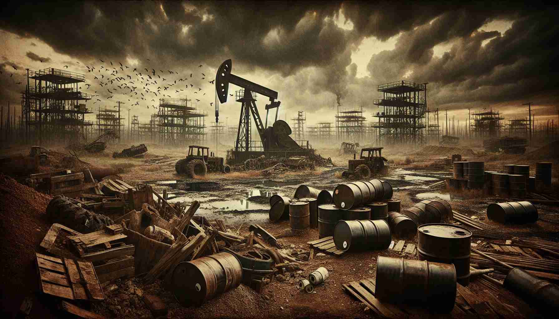 Create an image showcasing the decline of a once-thriving unnamed South American country's oil industry in sharp, high-definition realism. Depict desolate oil fields with worn-out machinery, abandoned oil barrels stacked haphazardly, and a gloomy atmosphere resonating the struggle of the local economy.