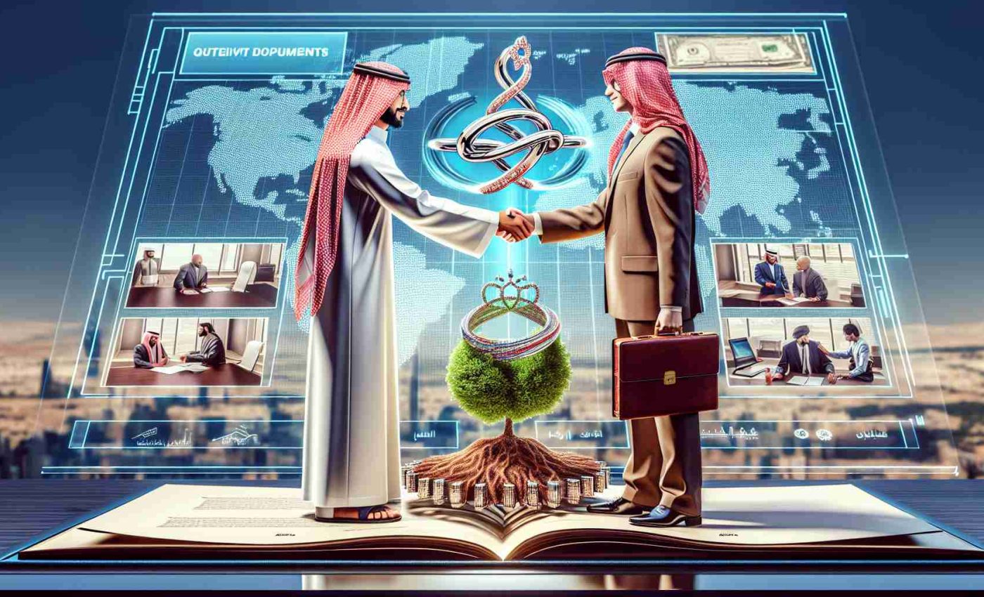 A detailed, high-definition image showcasing the essential procedure of registering a partnership in Saudi Arabia. The scene should include two individuals of different descents, one being Middle-Eastern and another being Caucasian, in a professional setting, exchanging respectful handshakes as they seal their business partnership. A background display should visually represent the key steps involved in this process, like obtaining documents, sealing agreements, and more. The image should also subtly hint at the benefits of this action - financial growth symbolized by a growing tree, strong bonds of cooperation indicated by interlocking rings, etc.