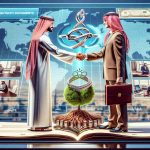 A detailed, high-definition image showcasing the essential procedure of registering a partnership in Saudi Arabia. The scene should include two individuals of different descents, one being Middle-Eastern and another being Caucasian, in a professional setting, exchanging respectful handshakes as they seal their business partnership. A background display should visually represent the key steps involved in this process, like obtaining documents, sealing agreements, and more. The image should also subtly hint at the benefits of this action - financial growth symbolized by a growing tree, strong bonds of cooperation indicated by interlocking rings, etc.