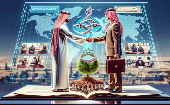 A detailed, high-definition image showcasing the essential procedure of registering a partnership in Saudi Arabia. The scene should include two individuals of different descents, one being Middle-Eastern and another being Caucasian, in a professional setting, exchanging respectful handshakes as they seal their business partnership. A background display should visually represent the key steps involved in this process, like obtaining documents, sealing agreements, and more. The image should also subtly hint at the benefits of this action - financial growth symbolized by a growing tree, strong bonds of cooperation indicated by interlocking rings, etc.