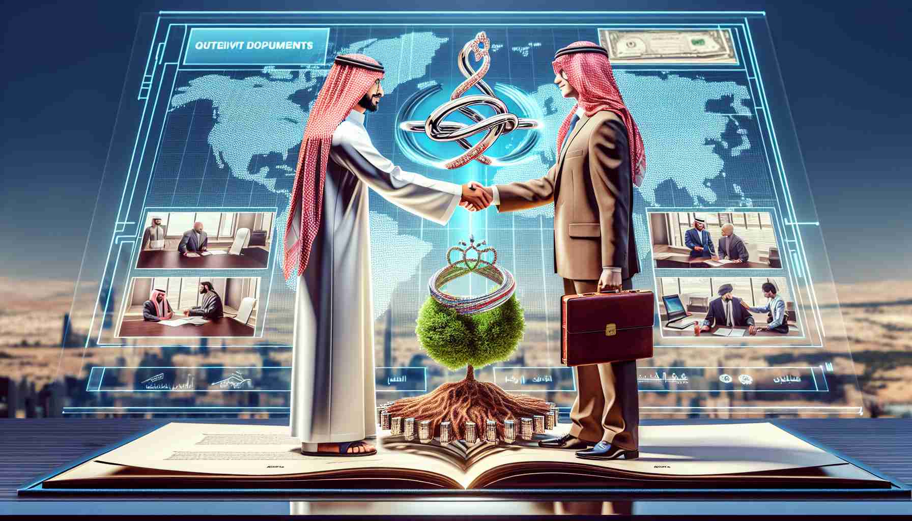 A detailed, high-definition image showcasing the essential procedure of registering a partnership in Saudi Arabia. The scene should include two individuals of different descents, one being Middle-Eastern and another being Caucasian, in a professional setting, exchanging respectful handshakes as they seal their business partnership. A background display should visually represent the key steps involved in this process, like obtaining documents, sealing agreements, and more. The image should also subtly hint at the benefits of this action - financial growth symbolized by a growing tree, strong bonds of cooperation indicated by interlocking rings, etc.