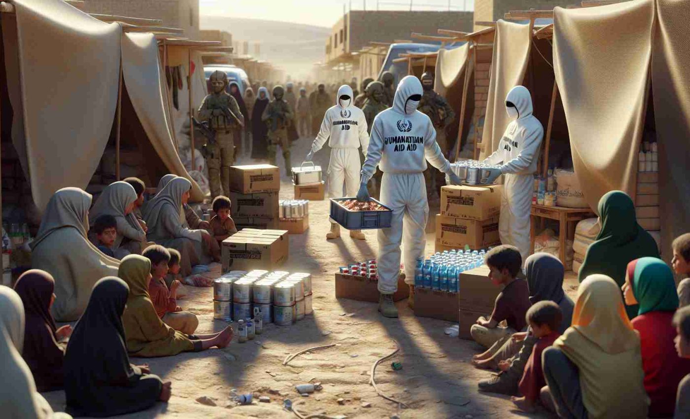 Realistic, high-definition image of an anonymous humanitarian aid organization workers distributing food and medical supplies to people in a Middle Eastern setting, signifying commitment to humanitarian aid. The setting includes makeshift tents and children waiting eagerly. The workers' clothing clearly states 'Humanitarian Aid'.