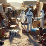 Realistic, high-definition image of an anonymous humanitarian aid organization workers distributing food and medical supplies to people in a Middle Eastern setting, signifying commitment to humanitarian aid. The setting includes makeshift tents and children waiting eagerly. The workers' clothing clearly states 'Humanitarian Aid'.