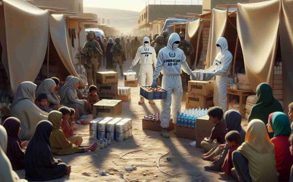 Realistic, high-definition image of an anonymous humanitarian aid organization workers distributing food and medical supplies to people in a Middle Eastern setting, signifying commitment to humanitarian aid. The setting includes makeshift tents and children waiting eagerly. The workers' clothing clearly states 'Humanitarian Aid'.