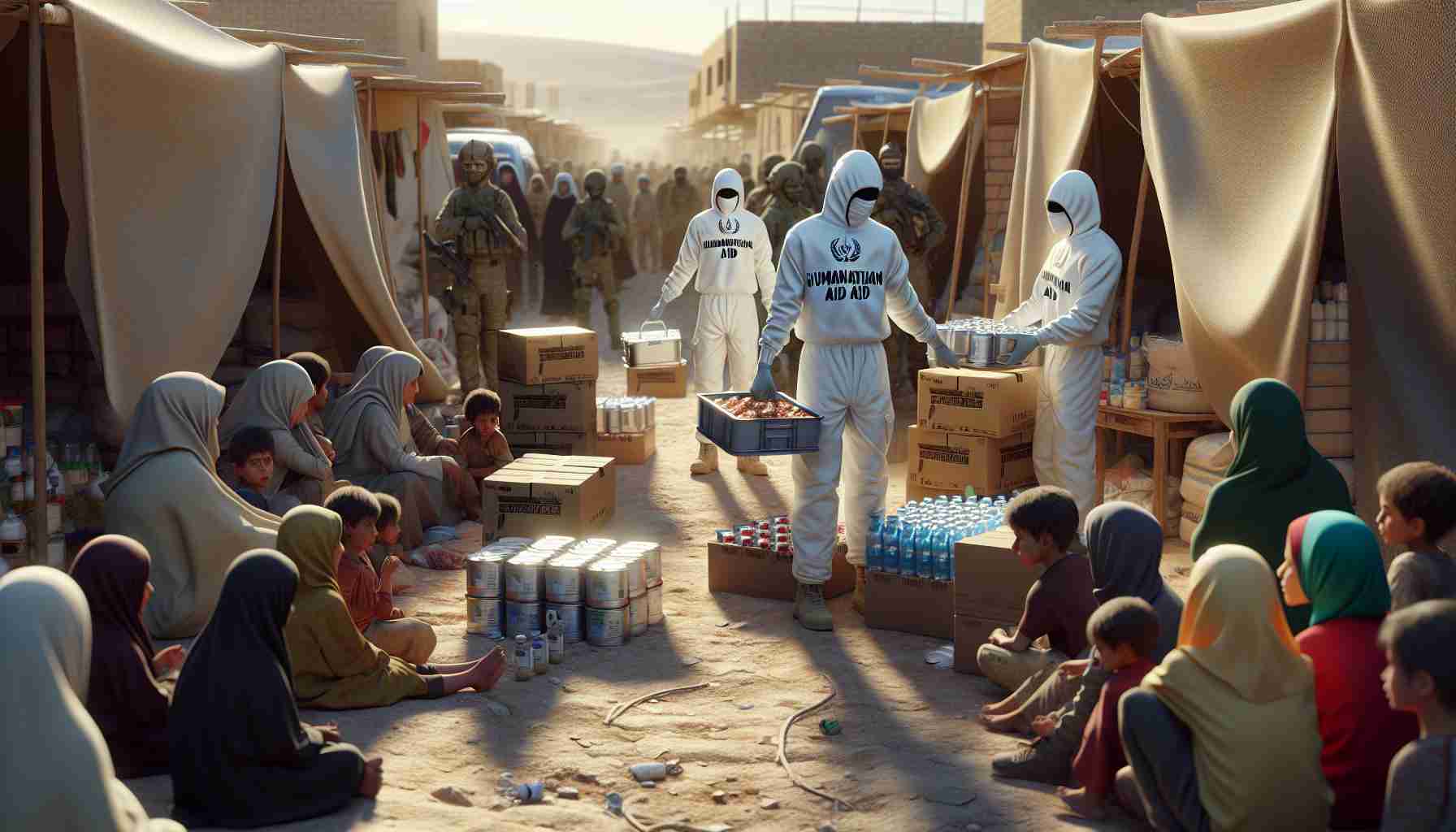 Realistic, high-definition image of an anonymous humanitarian aid organization workers distributing food and medical supplies to people in a Middle Eastern setting, signifying commitment to humanitarian aid. The setting includes makeshift tents and children waiting eagerly. The workers' clothing clearly states 'Humanitarian Aid'.