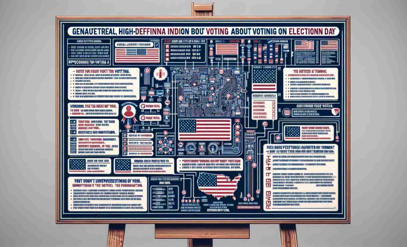 Generate a realistic, high-definition image of a detailed information board about voting on Election Day. The board should include general instructions on voting protocols, the importance of voting, and key dates and times. Please ensure the information is presented clearly and legibly for all potential voters to understand. The overall aesthetic should be official and authoritative, encouraging civic engagement and participation.