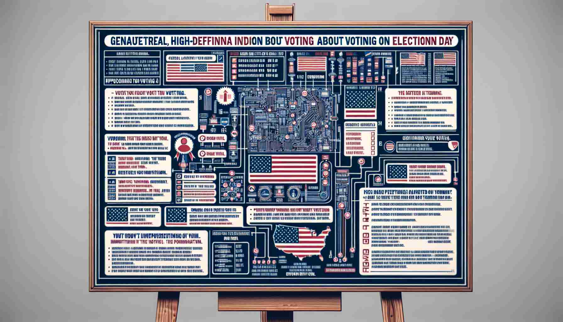 Generate a realistic, high-definition image of a detailed information board about voting on Election Day. The board should include general instructions on voting protocols, the importance of voting, and key dates and times. Please ensure the information is presented clearly and legibly for all potential voters to understand. The overall aesthetic should be official and authoritative, encouraging civic engagement and participation.