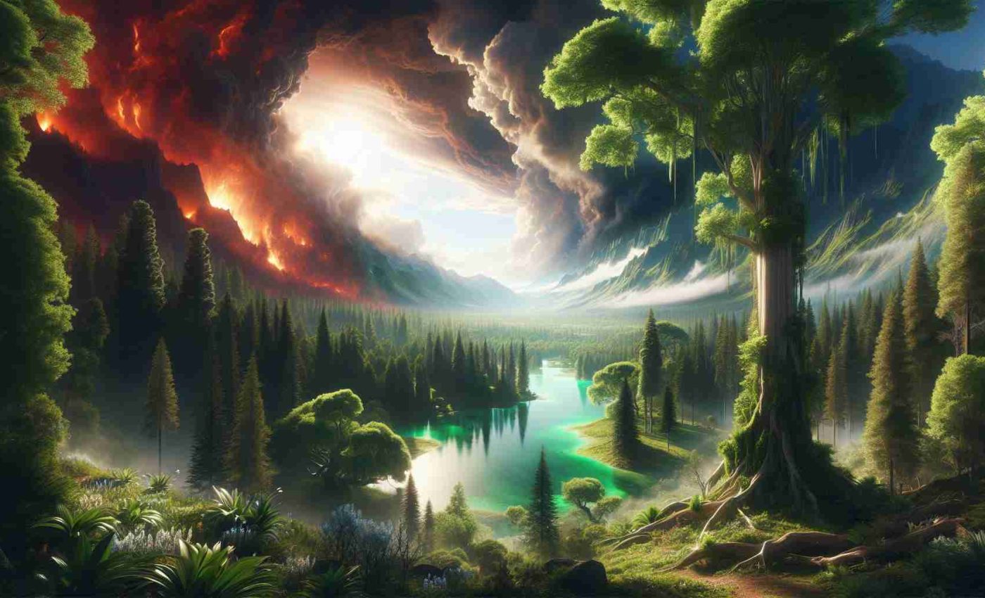 A high-definition, realistic image depicting a serene paradise set against a backdrop of chaos. The paradise could contain lush, verdant greenery with a calm, crystal clear lake at its center. Majestic, tall trees could frame the scene, their canopies providing a haven of shade and tranquility. In stark contrast, the surrounding landscape could be a whirlwind of chaos, perhaps portraying a tumultuous storm, roaring fires, or a turbulent sea. Despite this outward tumult, the paradise maintains its tranquility, providing an oasis of calm and peace amidst the pandemonium.