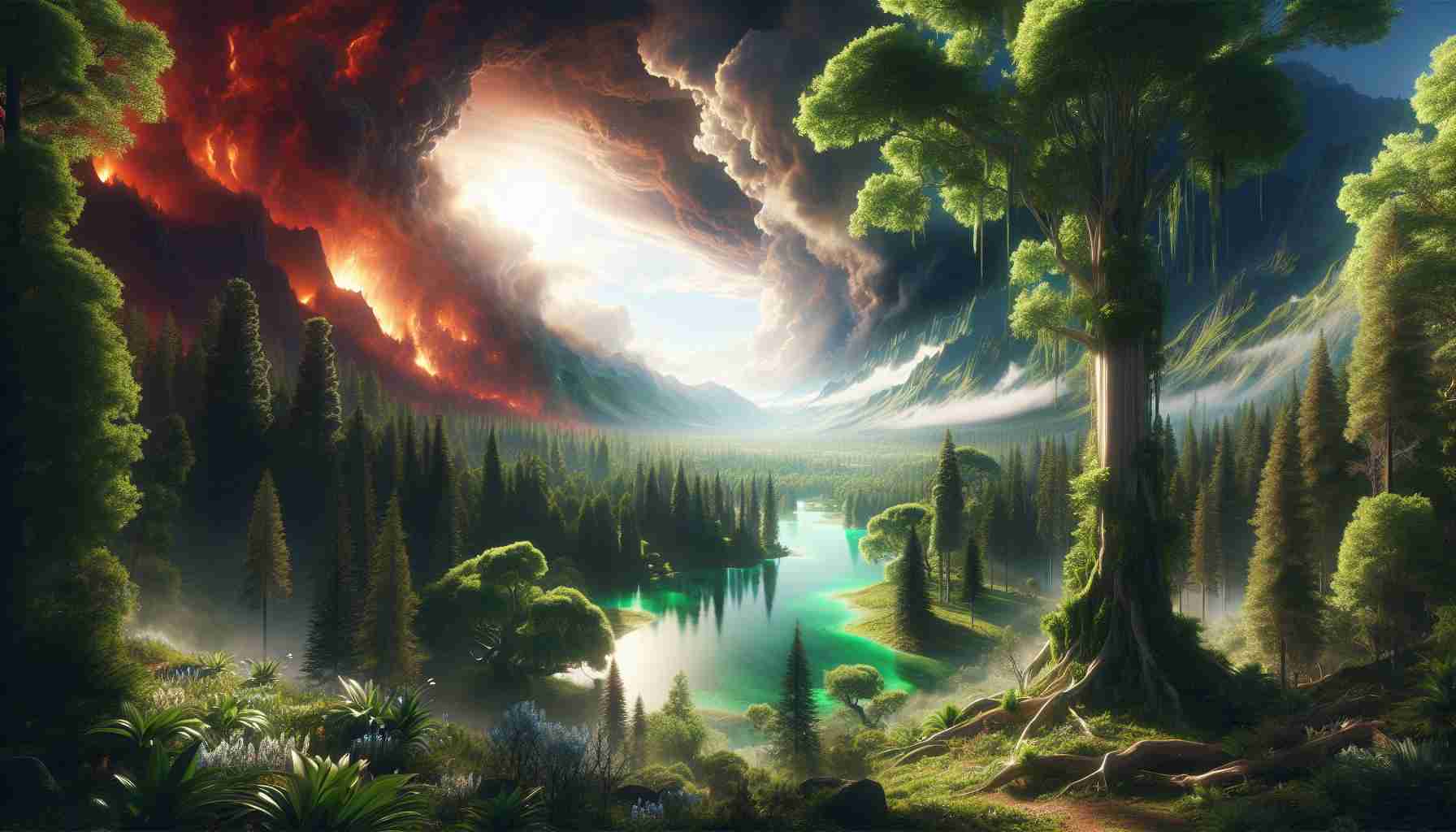 A high-definition, realistic image depicting a serene paradise set against a backdrop of chaos. The paradise could contain lush, verdant greenery with a calm, crystal clear lake at its center. Majestic, tall trees could frame the scene, their canopies providing a haven of shade and tranquility. In stark contrast, the surrounding landscape could be a whirlwind of chaos, perhaps portraying a tumultuous storm, roaring fires, or a turbulent sea. Despite this outward tumult, the paradise maintains its tranquility, providing an oasis of calm and peace amidst the pandemonium.