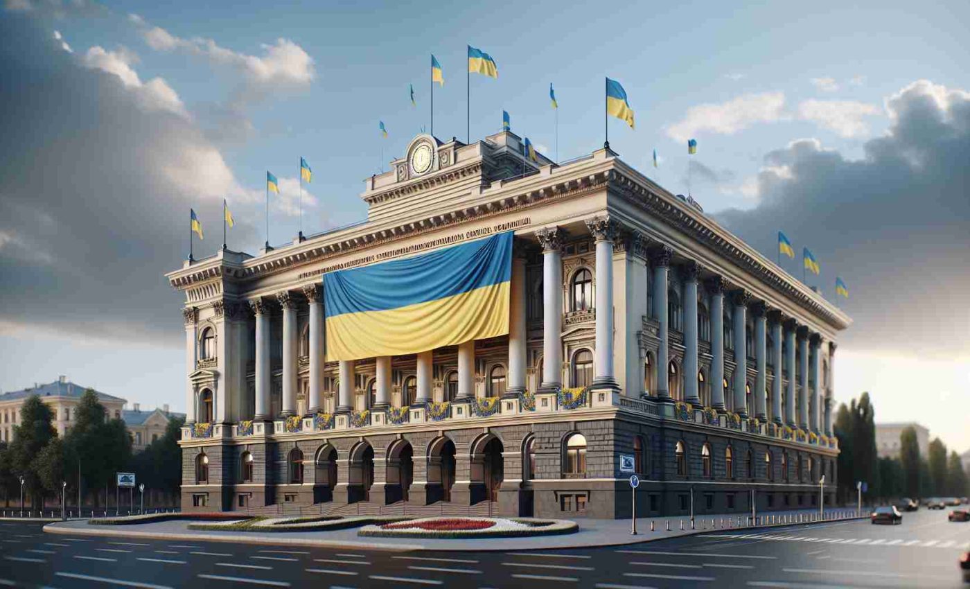 Realistic high-definition image of an unspecified government building in Europe, adorned with the colors of the Ukrainian flag to show symbolic support. The scene also includes a large banner that expresses a stand against extremist views. Please note that the specific building and occupants are not outright recognizable to avoid any direct political references.