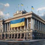 Realistic high-definition image of an unspecified government building in Europe, adorned with the colors of the Ukrainian flag to show symbolic support. The scene also includes a large banner that expresses a stand against extremist views. Please note that the specific building and occupants are not outright recognizable to avoid any direct political references.