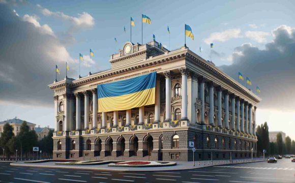 Realistic high-definition image of an unspecified government building in Europe, adorned with the colors of the Ukrainian flag to show symbolic support. The scene also includes a large banner that expresses a stand against extremist views. Please note that the specific building and occupants are not outright recognizable to avoid any direct political references.