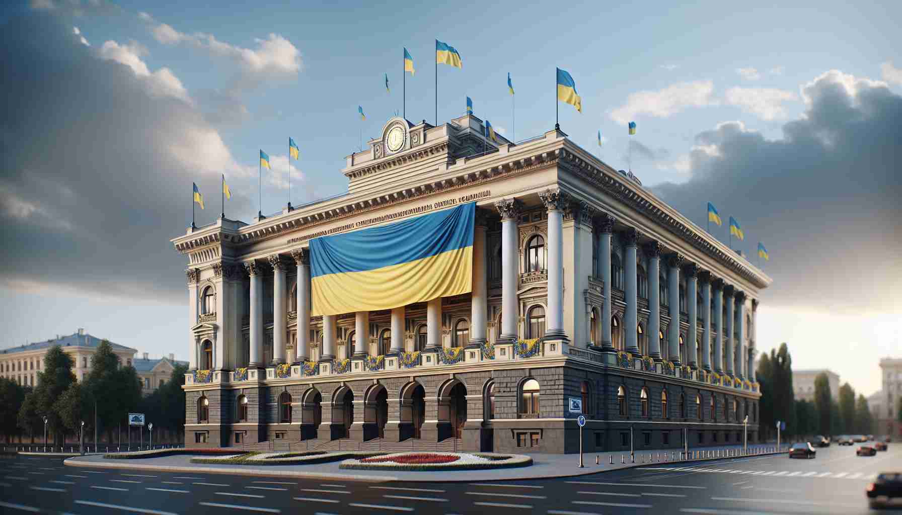 Realistic high-definition image of an unspecified government building in Europe, adorned with the colors of the Ukrainian flag to show symbolic support. The scene also includes a large banner that expresses a stand against extremist views. Please note that the specific building and occupants are not outright recognizable to avoid any direct political references.