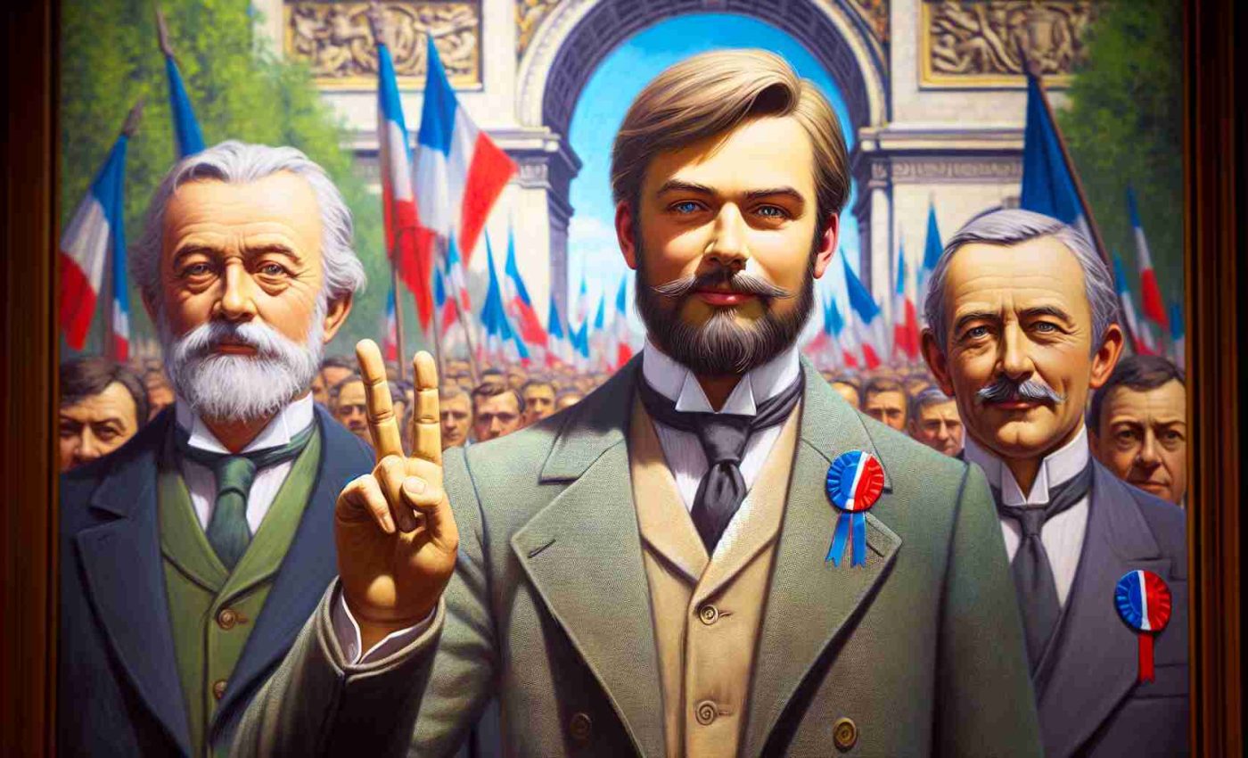 Realistic HD photo of a prominent political figure in France advocating for harmony during a period of governmental change