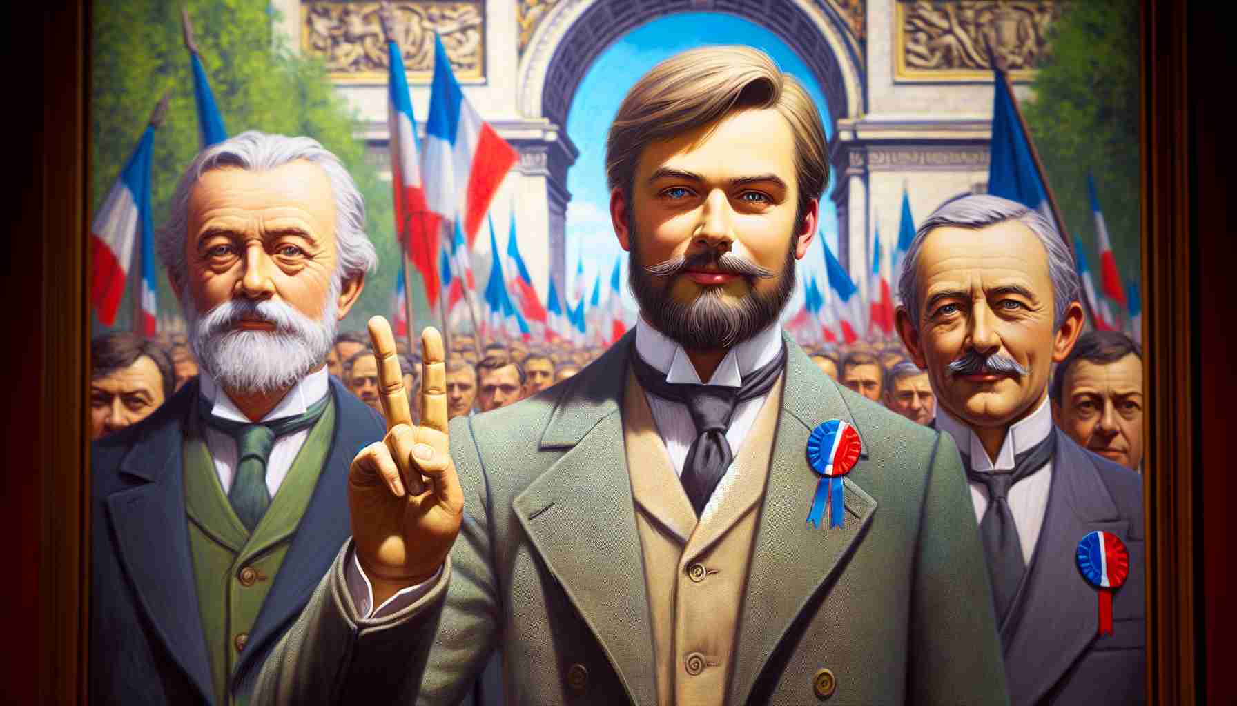 Realistic HD photo of a prominent political figure in France advocating for harmony during a period of governmental change