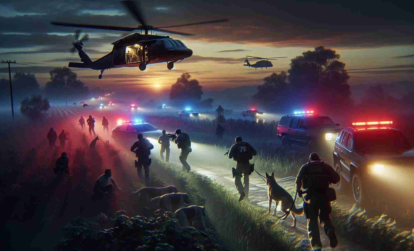 A high-definition, realistic image portraying a scene of a manhunt in progress for a person suspected of carrying a weapon. This follows a sorrowful event. The scene depicts various elements of a manhunt: officers meticulously scanning an area, search dogs on a trail, helicopters in the sky, and anxious civilians observing from a safe distance. The mood, underscored by the urgency of blue and red flashing lights and the sinking sun, elicits a sense of tension and unease.