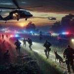 A high-definition, realistic image portraying a scene of a manhunt in progress for a person suspected of carrying a weapon. This follows a sorrowful event. The scene depicts various elements of a manhunt: officers meticulously scanning an area, search dogs on a trail, helicopters in the sky, and anxious civilians observing from a safe distance. The mood, underscored by the urgency of blue and red flashing lights and the sinking sun, elicits a sense of tension and unease.