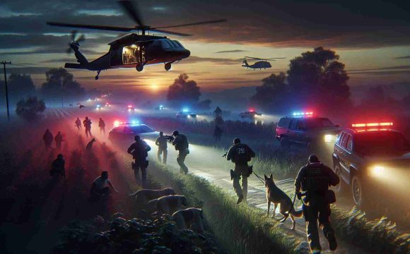 A high-definition, realistic image portraying a scene of a manhunt in progress for a person suspected of carrying a weapon. This follows a sorrowful event. The scene depicts various elements of a manhunt: officers meticulously scanning an area, search dogs on a trail, helicopters in the sky, and anxious civilians observing from a safe distance. The mood, underscored by the urgency of blue and red flashing lights and the sinking sun, elicits a sense of tension and unease.