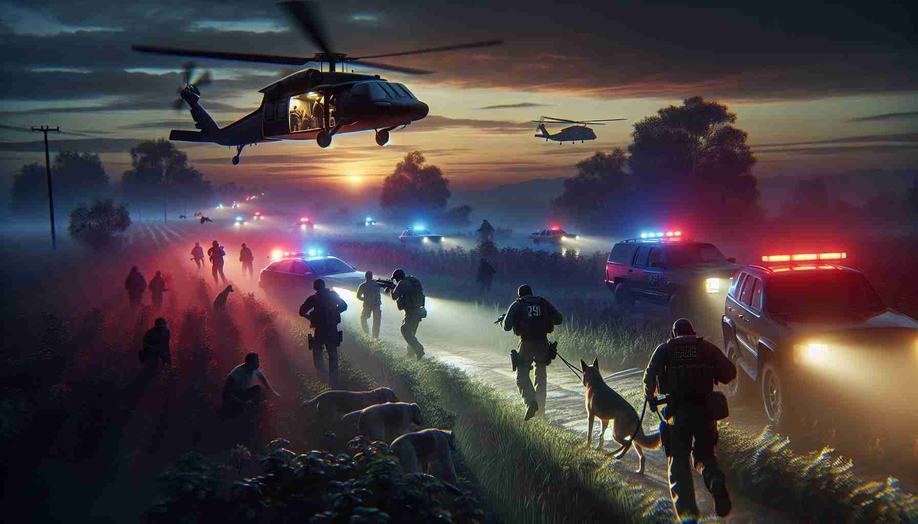 A high-definition, realistic image portraying a scene of a manhunt in progress for a person suspected of carrying a weapon. This follows a sorrowful event. The scene depicts various elements of a manhunt: officers meticulously scanning an area, search dogs on a trail, helicopters in the sky, and anxious civilians observing from a safe distance. The mood, underscored by the urgency of blue and red flashing lights and the sinking sun, elicits a sense of tension and unease.