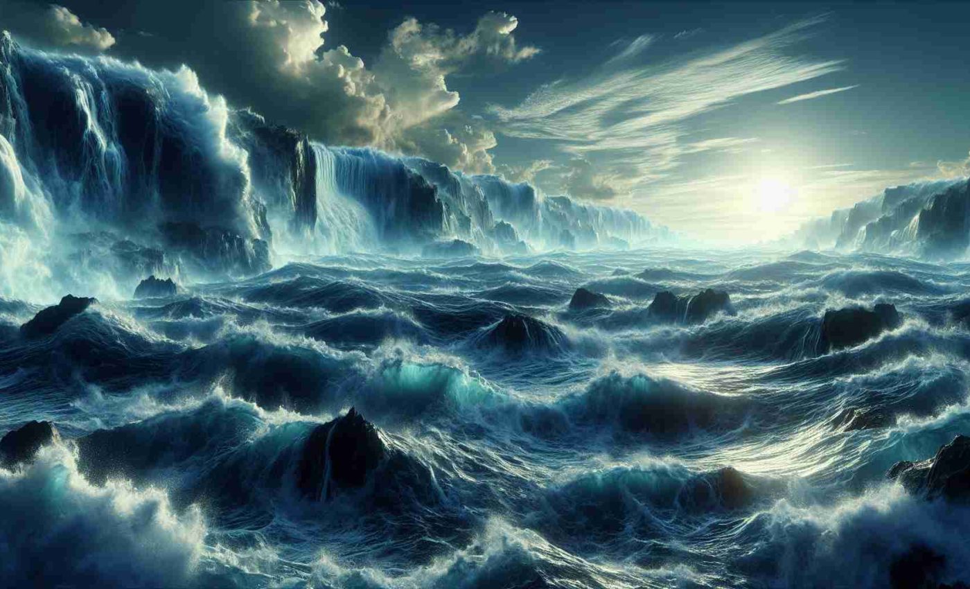 Generate a highly detailed, realistic image showcasing the immensity and grandeur of the ocean. The visual should capture the staggering scale of this giant by exhibiting vast, tumultuous waves crashing against rocks, deep, mysterious abysses, and abundant marine life shimmering beneath the surface of the water.