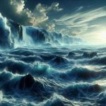 Generate a highly detailed, realistic image showcasing the immensity and grandeur of the ocean. The visual should capture the staggering scale of this giant by exhibiting vast, tumultuous waves crashing against rocks, deep, mysterious abysses, and abundant marine life shimmering beneath the surface of the water.