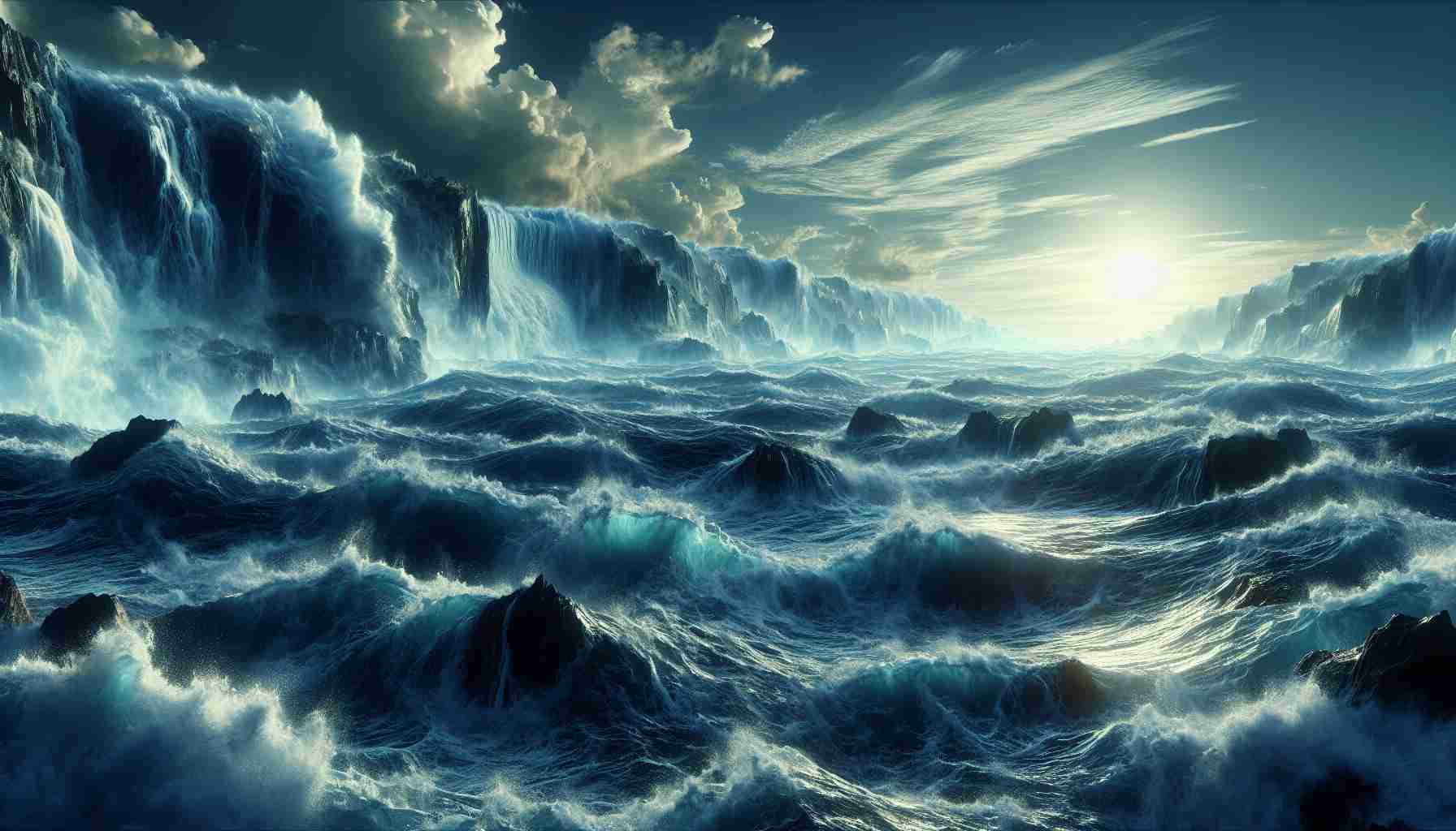 Generate a highly detailed, realistic image showcasing the immensity and grandeur of the ocean. The visual should capture the staggering scale of this giant by exhibiting vast, tumultuous waves crashing against rocks, deep, mysterious abysses, and abundant marine life shimmering beneath the surface of the water.