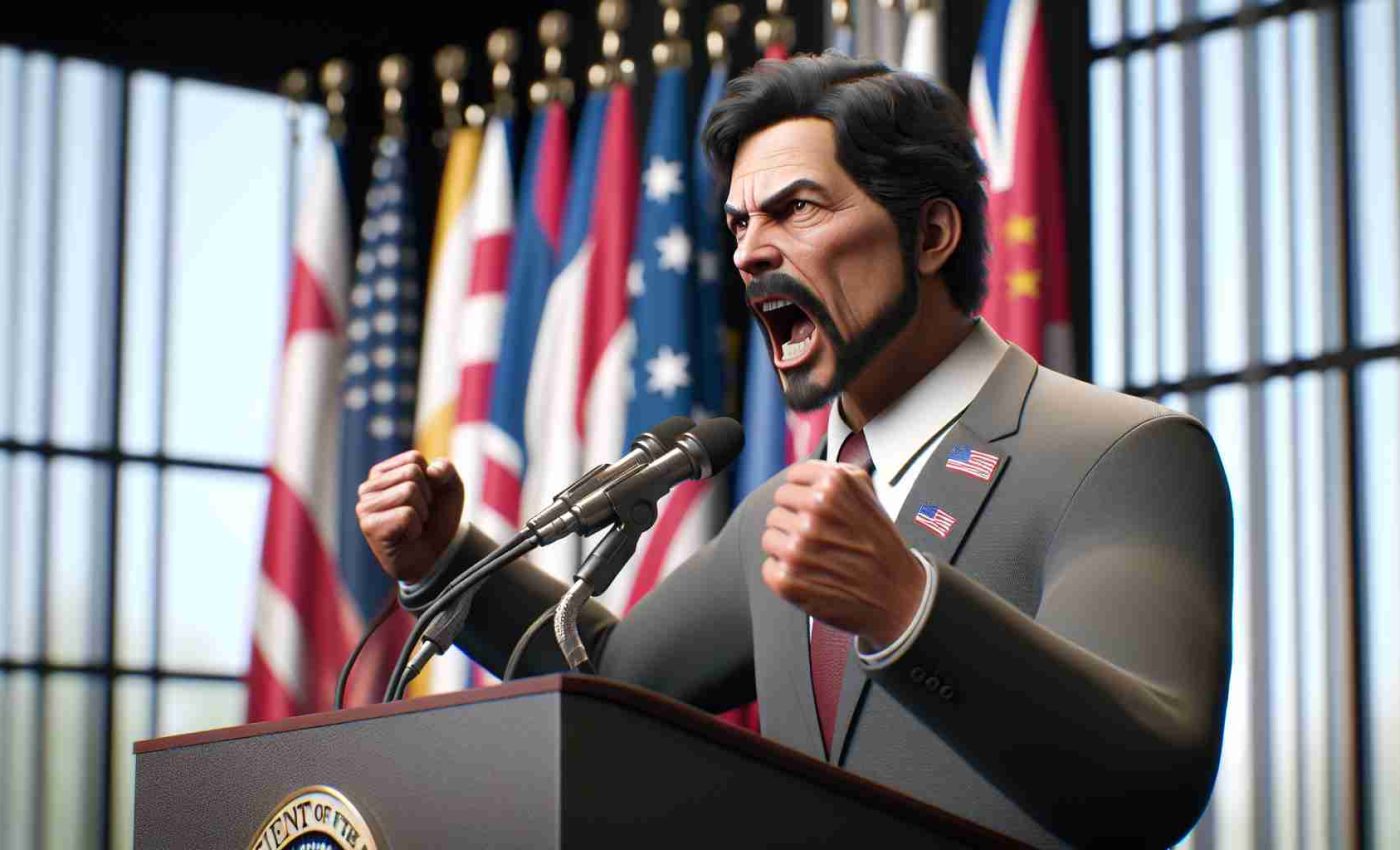 Realistic HD image of a middle-aged, Hispanic male politician fervently advocating for transparent election processes. He should be standing at a podium with passionate expression. Around him, there should be an aura of seriousness and dedication. The setting should be a conference room with flags of various countries embellishing the background.