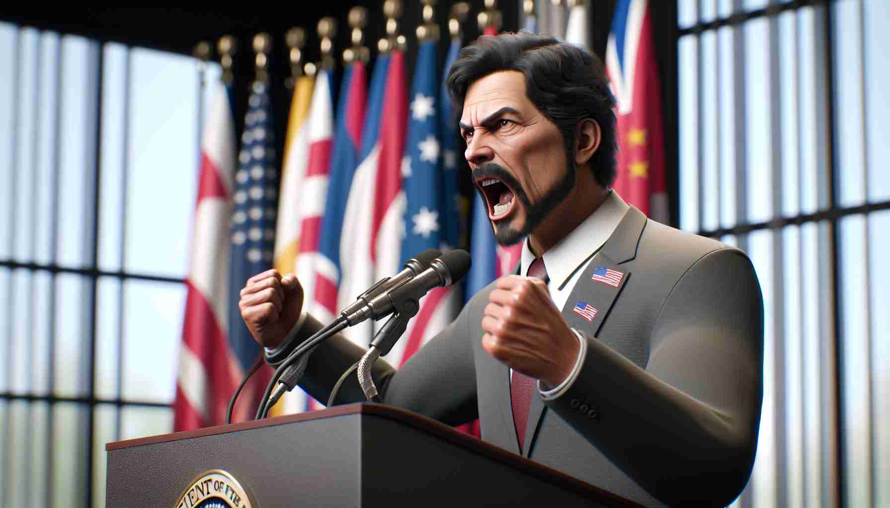 Realistic HD image of a middle-aged, Hispanic male politician fervently advocating for transparent election processes. He should be standing at a podium with passionate expression. Around him, there should be an aura of seriousness and dedication. The setting should be a conference room with flags of various countries embellishing the background.