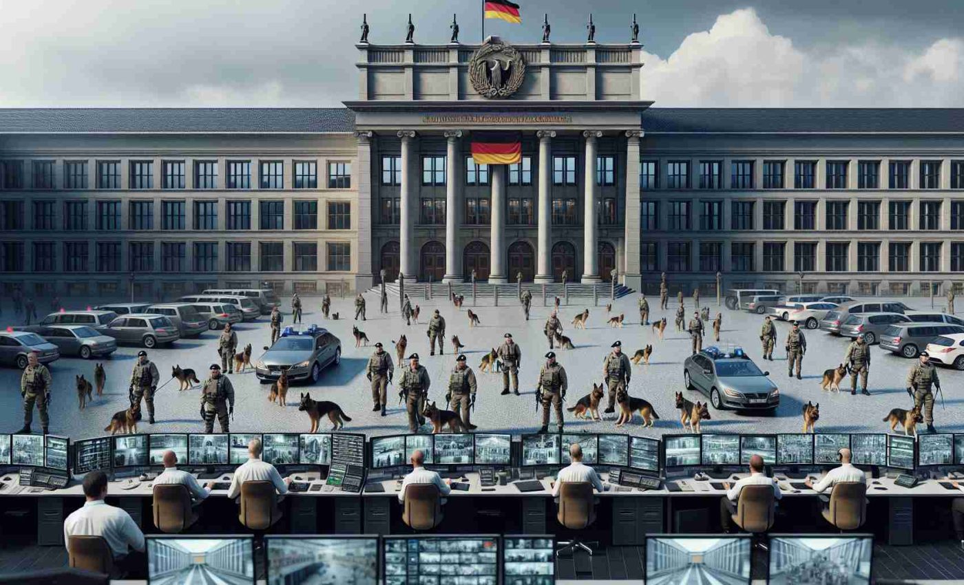 High-definition realistic image of an anonymous governmental building in Germany, with a heavy security presence. There are a number of serious-looking personnel in security uniforms patrolling the perimeter with canine units. The guards are a mix of both men and women, of varied descents such as Caucasian, Hispanic, and Middle-Eastern. Additionally, some guards are stationed at monitoring desks, scrutinizing multiple screens displaying live CCTV footage of various parts of the building. A large flag fluttering from the masthead symbolizes the unwavering national security efforts.