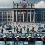 High-definition realistic image of an anonymous governmental building in Germany, with a heavy security presence. There are a number of serious-looking personnel in security uniforms patrolling the perimeter with canine units. The guards are a mix of both men and women, of varied descents such as Caucasian, Hispanic, and Middle-Eastern. Additionally, some guards are stationed at monitoring desks, scrutinizing multiple screens displaying live CCTV footage of various parts of the building. A large flag fluttering from the masthead symbolizes the unwavering national security efforts.