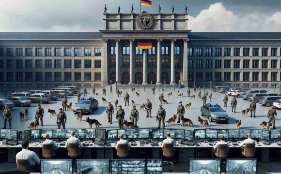 High-definition realistic image of an anonymous governmental building in Germany, with a heavy security presence. There are a number of serious-looking personnel in security uniforms patrolling the perimeter with canine units. The guards are a mix of both men and women, of varied descents such as Caucasian, Hispanic, and Middle-Eastern. Additionally, some guards are stationed at monitoring desks, scrutinizing multiple screens displaying live CCTV footage of various parts of the building. A large flag fluttering from the masthead symbolizes the unwavering national security efforts.