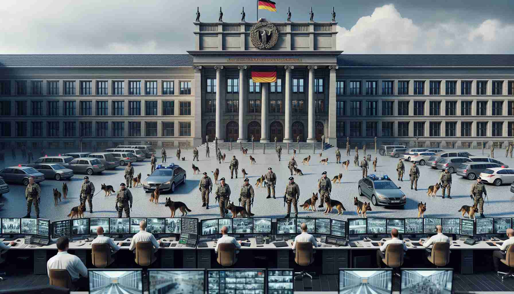 High-definition realistic image of an anonymous governmental building in Germany, with a heavy security presence. There are a number of serious-looking personnel in security uniforms patrolling the perimeter with canine units. The guards are a mix of both men and women, of varied descents such as Caucasian, Hispanic, and Middle-Eastern. Additionally, some guards are stationed at monitoring desks, scrutinizing multiple screens displaying live CCTV footage of various parts of the building. A large flag fluttering from the masthead symbolizes the unwavering national security efforts.