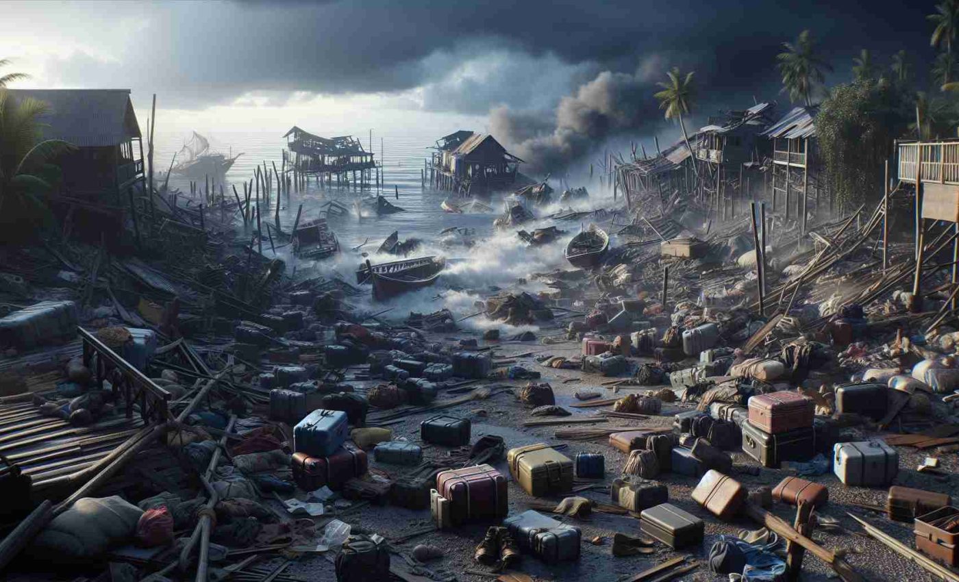 A high-definition, realistic image depicting a nondescript tragic event in a remote region. The scene conveys a sense of tragedy due to a disaster, such as a storm or earthquake, resulting in losses for both tourists and locals. Include details like broken structures, scattered luggage, local houses, and signs of distress and sadness but without explicit personal harm. The atmosphere should be somber and gloomy, with elements of nature like dark clouds or rough seas adding to the effect.