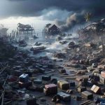 A high-definition, realistic image depicting a nondescript tragic event in a remote region. The scene conveys a sense of tragedy due to a disaster, such as a storm or earthquake, resulting in losses for both tourists and locals. Include details like broken structures, scattered luggage, local houses, and signs of distress and sadness but without explicit personal harm. The atmosphere should be somber and gloomy, with elements of nature like dark clouds or rough seas adding to the effect.