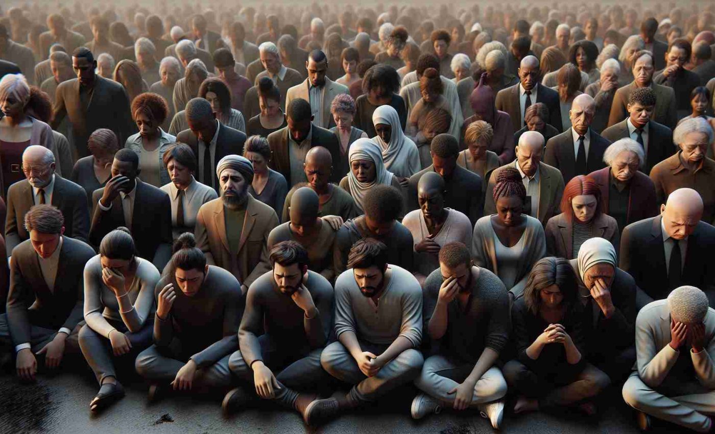 A high definition, realistic image capturing a moment of communal grief. The scene depicts a diverse crowd gathered together in empathy and solidarity. People of various descents, including Hispanic, Caucasian, South Asian, Middle Eastern, and Black, are present, showcasing a broad range of human emotions. Men, women, and non-binary individuals are all part of the crowd, each expressing their grief in their unique way. The setting reflects the sombre mood, with muted colors, and the shared sense of loss brings a silent unity to the diverse crowd.