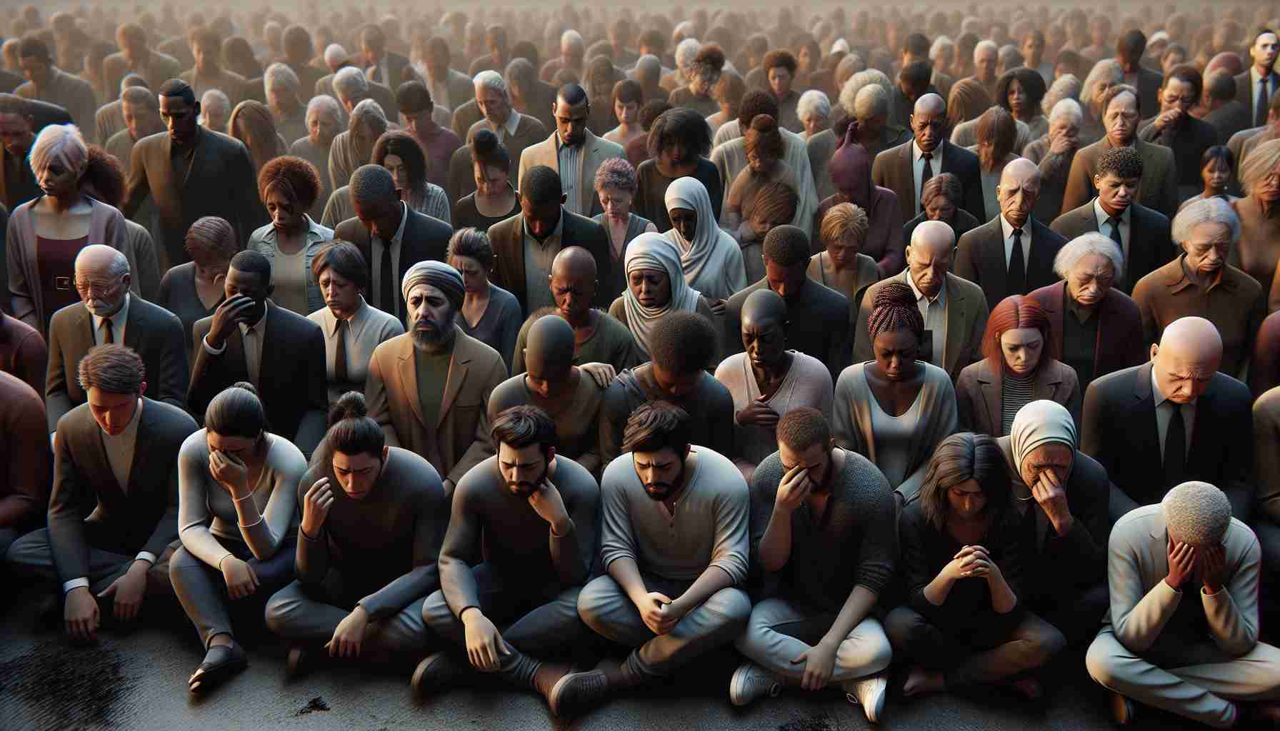 A high definition, realistic image capturing a moment of communal grief. The scene depicts a diverse crowd gathered together in empathy and solidarity. People of various descents, including Hispanic, Caucasian, South Asian, Middle Eastern, and Black, are present, showcasing a broad range of human emotions. Men, women, and non-binary individuals are all part of the crowd, each expressing their grief in their unique way. The setting reflects the sombre mood, with muted colors, and the shared sense of loss brings a silent unity to the diverse crowd.