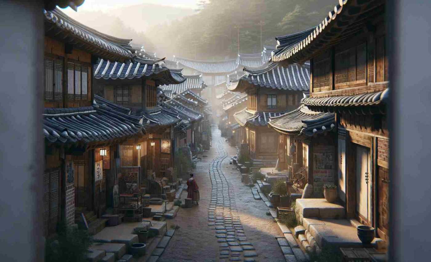 Generate a realistic, high-definition rendering of a bustling, traditional Korean village, harkening back to historic times. The village, which we'll refer to as 'Hanok', should embody the essence of the past with its well-preserved, wooden Hanok houses, exuding a sense of longevity. Quiet alleyways wind through the village, separating clusters of houses, each with its own distinctive details such as gracefully curved tiled roofs and stoic brick walls. The village is flanked by lush trees, presenting a harmonious blend of nature and urban life. Journeying into the heart of it all, one may see residents donned in traditional garments, engaging in their daily activities, providing a fascinating Glimpse into the Past.