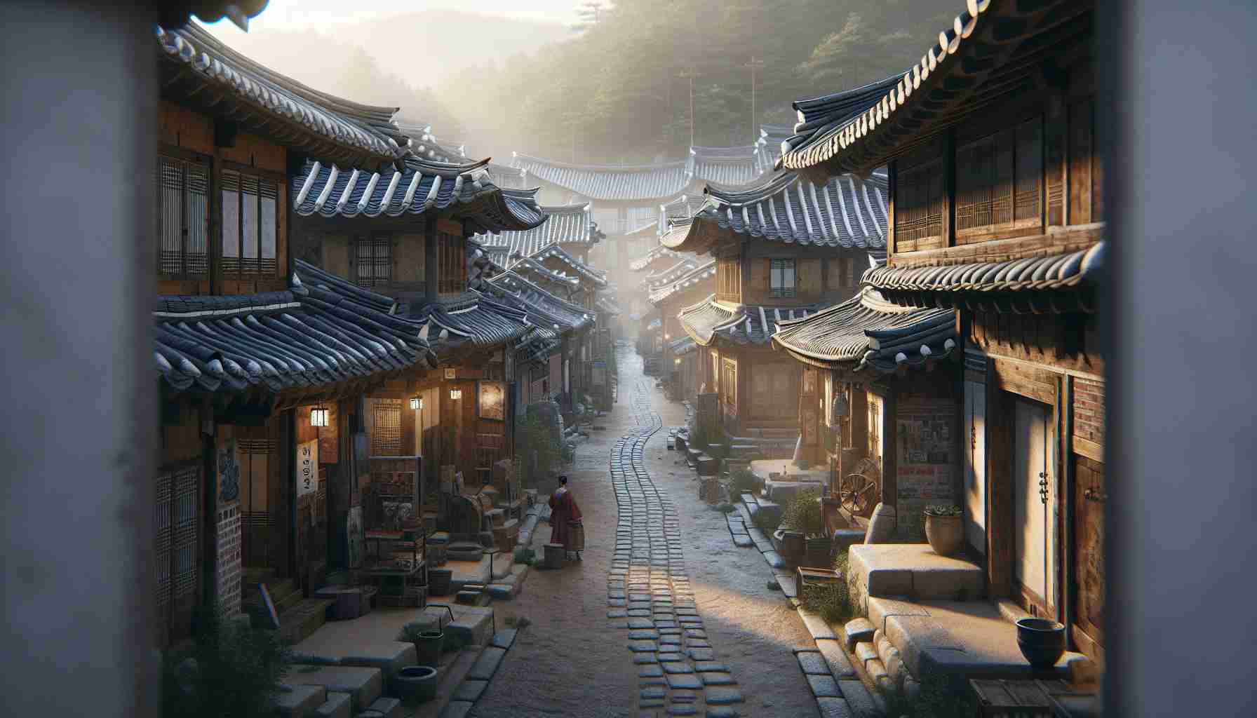 Generate a realistic, high-definition rendering of a bustling, traditional Korean village, harkening back to historic times. The village, which we'll refer to as 'Hanok', should embody the essence of the past with its well-preserved, wooden Hanok houses, exuding a sense of longevity. Quiet alleyways wind through the village, separating clusters of houses, each with its own distinctive details such as gracefully curved tiled roofs and stoic brick walls. The village is flanked by lush trees, presenting a harmonious blend of nature and urban life. Journeying into the heart of it all, one may see residents donned in traditional garments, engaging in their daily activities, providing a fascinating Glimpse into the Past.