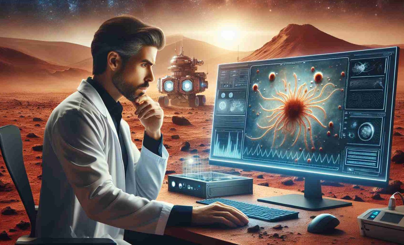 Create a high-definition, convincing image that represents the thrilling discovery of potential evidence of ancient life on Mars. Picture a scientist, who's a Caucasian male, scrutinizing data on a futuristic computer. Include an image on his screen suggesting the possible traces of microbial life – something akin to a microscopic bacteria-like structure captured during a Mars mission. The background shows high-tech space exploration equipment and Martian landscapes with red dusty terrain and distant sun-bathed mountains.