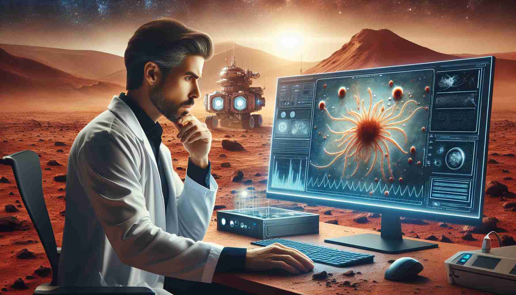 Create a high-definition, convincing image that represents the thrilling discovery of potential evidence of ancient life on Mars. Picture a scientist, who's a Caucasian male, scrutinizing data on a futuristic computer. Include an image on his screen suggesting the possible traces of microbial life – something akin to a microscopic bacteria-like structure captured during a Mars mission. The background shows high-tech space exploration equipment and Martian landscapes with red dusty terrain and distant sun-bathed mountains.