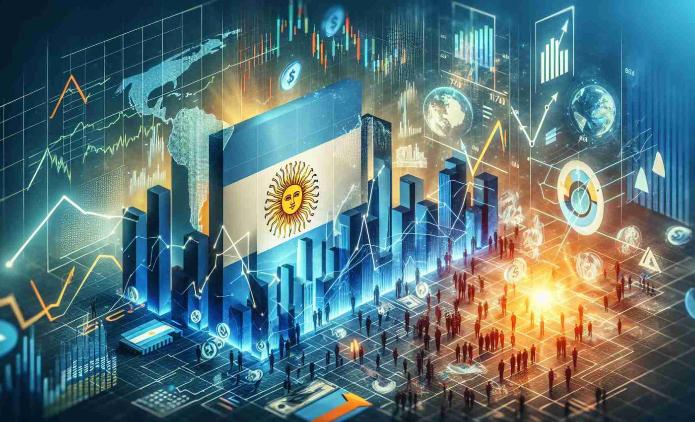 High definition realistic image of a conceptual artwork that represents Argentina's economic policy, focusing on a shift towards stability. Include symbolic elements related to economy such as stocks, figures, graphs, and arrows. Also, incorporate elements related to Argentina such as national symbols and colors. The overall atmosphere of the image should convey the idea of stability and growth.