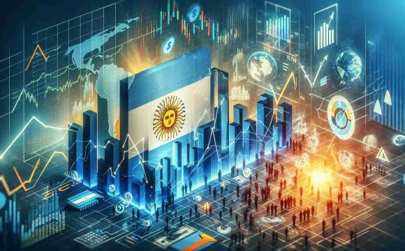 High definition realistic image of a conceptual artwork that represents Argentina's economic policy, focusing on a shift towards stability. Include symbolic elements related to economy such as stocks, figures, graphs, and arrows. Also, incorporate elements related to Argentina such as national symbols and colors. The overall atmosphere of the image should convey the idea of stability and growth.