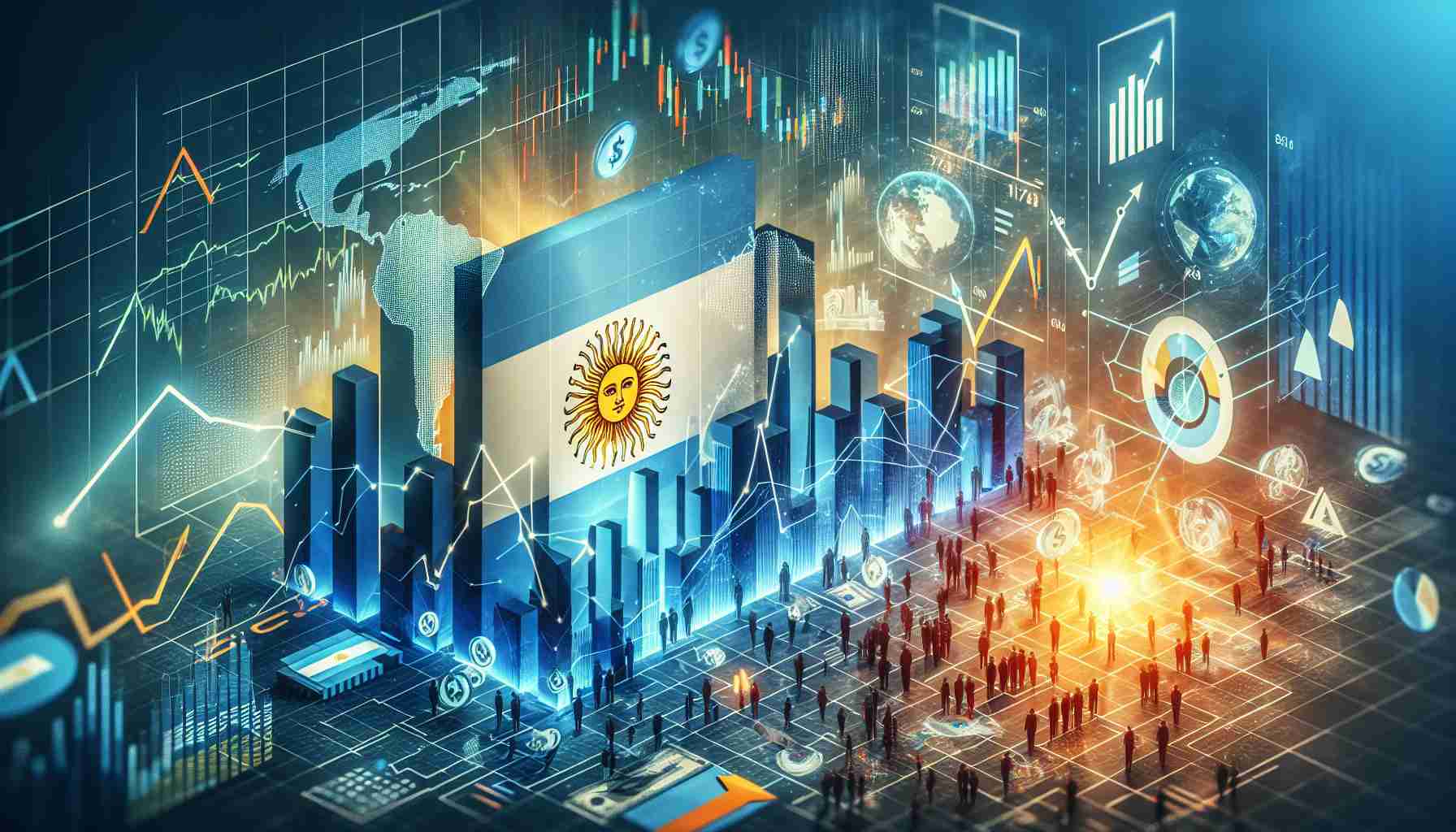 High definition realistic image of a conceptual artwork that represents Argentina's economic policy, focusing on a shift towards stability. Include symbolic elements related to economy such as stocks, figures, graphs, and arrows. Also, incorporate elements related to Argentina such as national symbols and colors. The overall atmosphere of the image should convey the idea of stability and growth.