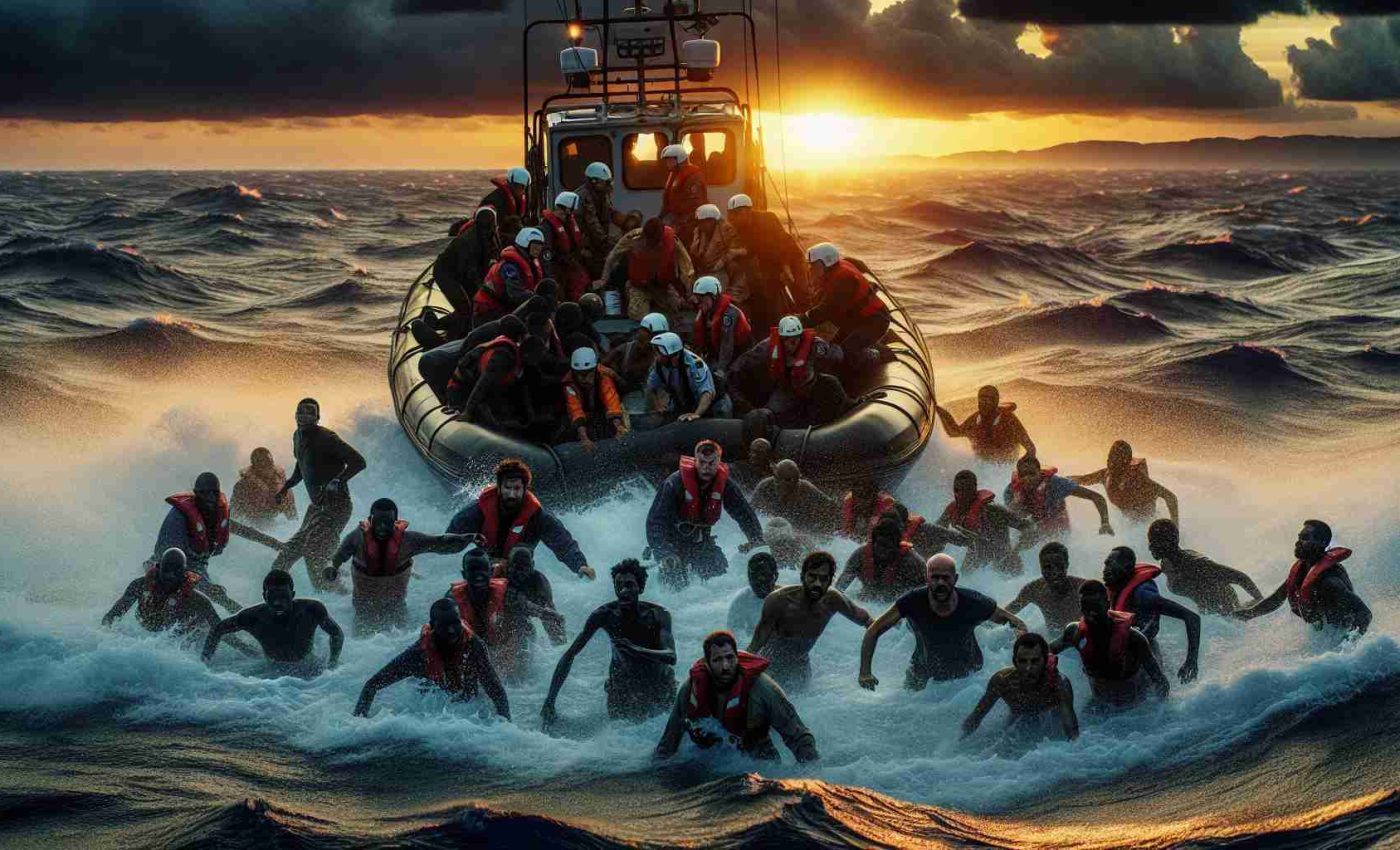 In high-definition, visualize a daring rescue mission being conducted at sea during the twilight hours. A motivated team consisting of multiple ethnicities, including Caucasian, Hispanic, Black, and Middle-Eastern personnel, all working harmoniously to save lives. The tumultuous sea is set aglow by the descending sun, and the migrants, of various descents like South Asian and White, are visibly relieved as they are pulled aboard the rescue boat. The scene encapsulates a moment of triumph and a tragedy averted.