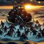 In high-definition, visualize a daring rescue mission being conducted at sea during the twilight hours. A motivated team consisting of multiple ethnicities, including Caucasian, Hispanic, Black, and Middle-Eastern personnel, all working harmoniously to save lives. The tumultuous sea is set aglow by the descending sun, and the migrants, of various descents like South Asian and White, are visibly relieved as they are pulled aboard the rescue boat. The scene encapsulates a moment of triumph and a tragedy averted.