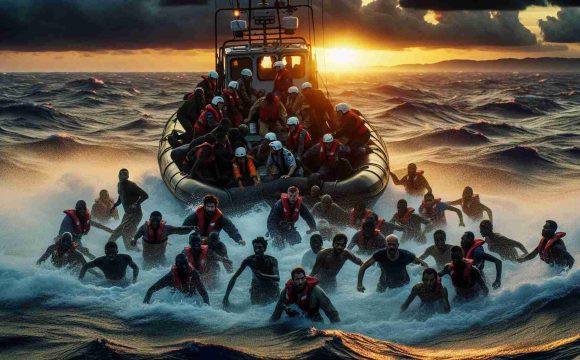 In high-definition, visualize a daring rescue mission being conducted at sea during the twilight hours. A motivated team consisting of multiple ethnicities, including Caucasian, Hispanic, Black, and Middle-Eastern personnel, all working harmoniously to save lives. The tumultuous sea is set aglow by the descending sun, and the migrants, of various descents like South Asian and White, are visibly relieved as they are pulled aboard the rescue boat. The scene encapsulates a moment of triumph and a tragedy averted.