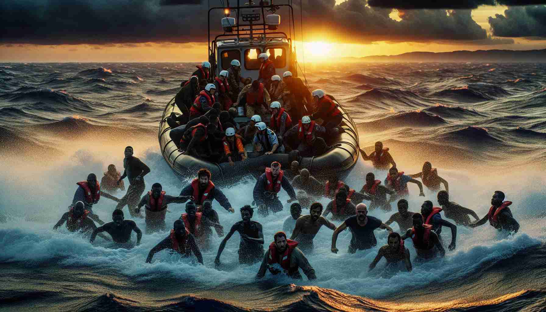 In high-definition, visualize a daring rescue mission being conducted at sea during the twilight hours. A motivated team consisting of multiple ethnicities, including Caucasian, Hispanic, Black, and Middle-Eastern personnel, all working harmoniously to save lives. The tumultuous sea is set aglow by the descending sun, and the migrants, of various descents like South Asian and White, are visibly relieved as they are pulled aboard the rescue boat. The scene encapsulates a moment of triumph and a tragedy averted.